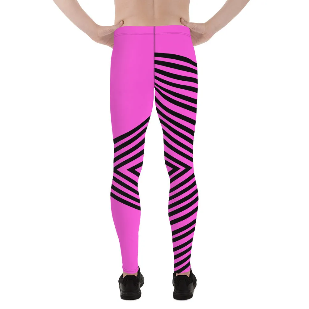 Pink Black Stripped Men's Leggings, Sexy Long Meggings Compression Tights-Made in USA/EU