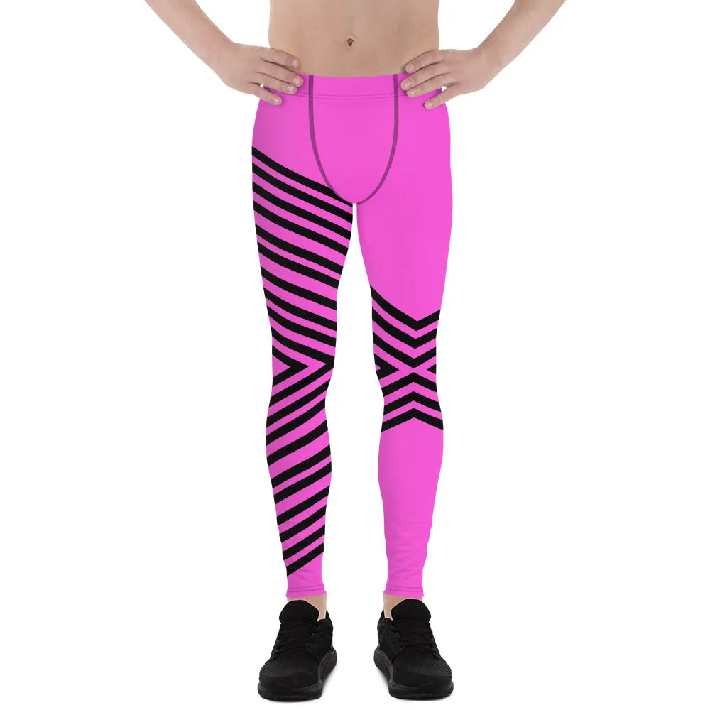 Pink Black Stripped Men's Leggings, Sexy Long Meggings Compression Tights-Made in USA/EU