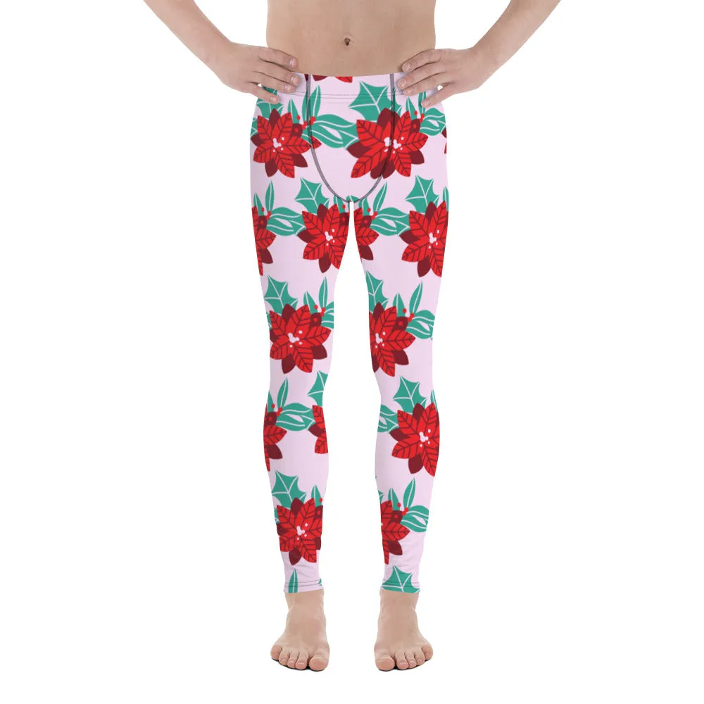 Pink Christmas Print Men's Leggings, Pink & Red Xmas Flower Designer Men's Leggings-Made in USA/MX/EU