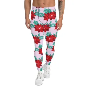 Pink Christmas Print Men's Leggings, Pink & Red Xmas Flower Designer Men's Leggings-Made in USA/MX/EU