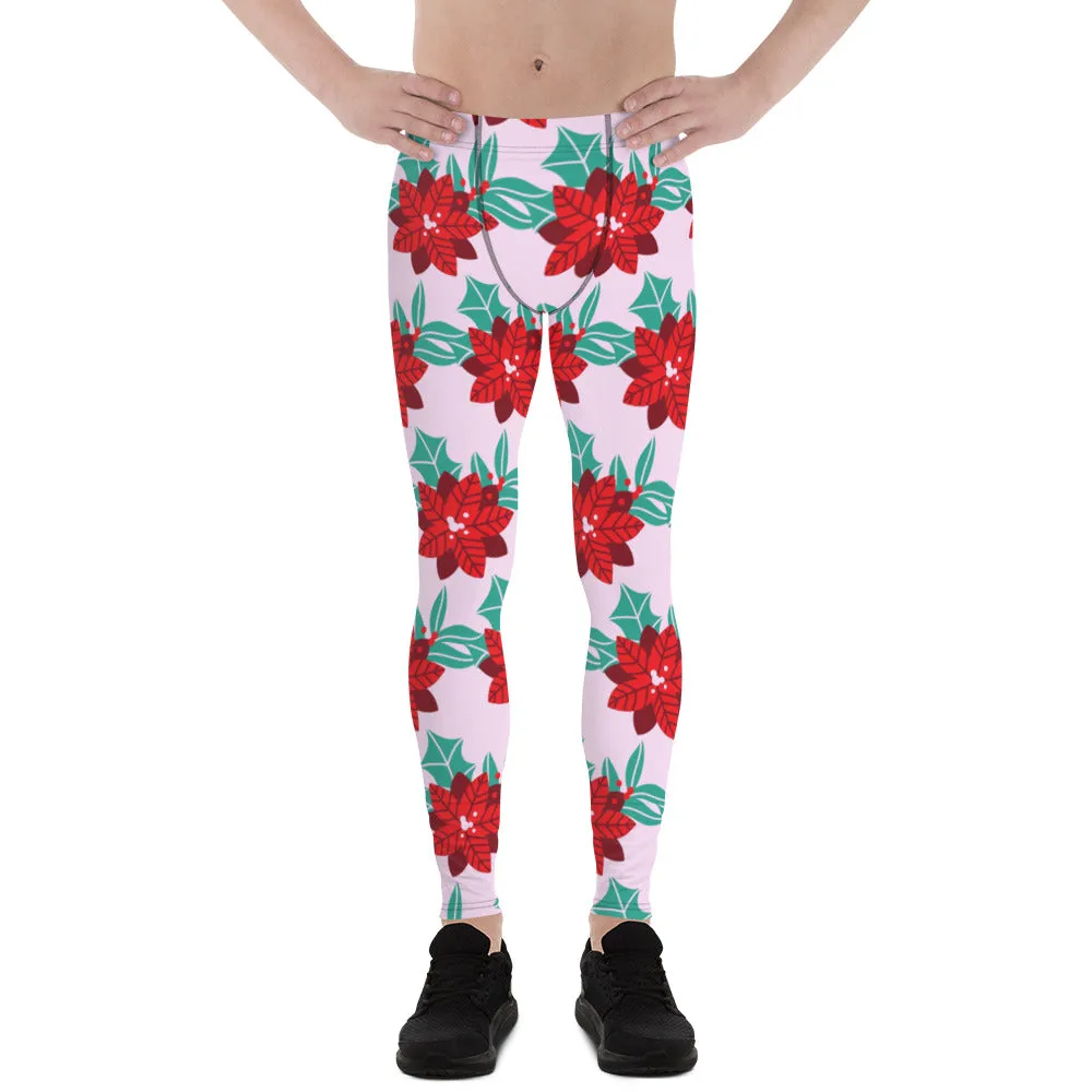 Pink Christmas Print Men's Leggings, Pink & Red Xmas Flower Designer Men's Leggings-Made in USA/MX/EU