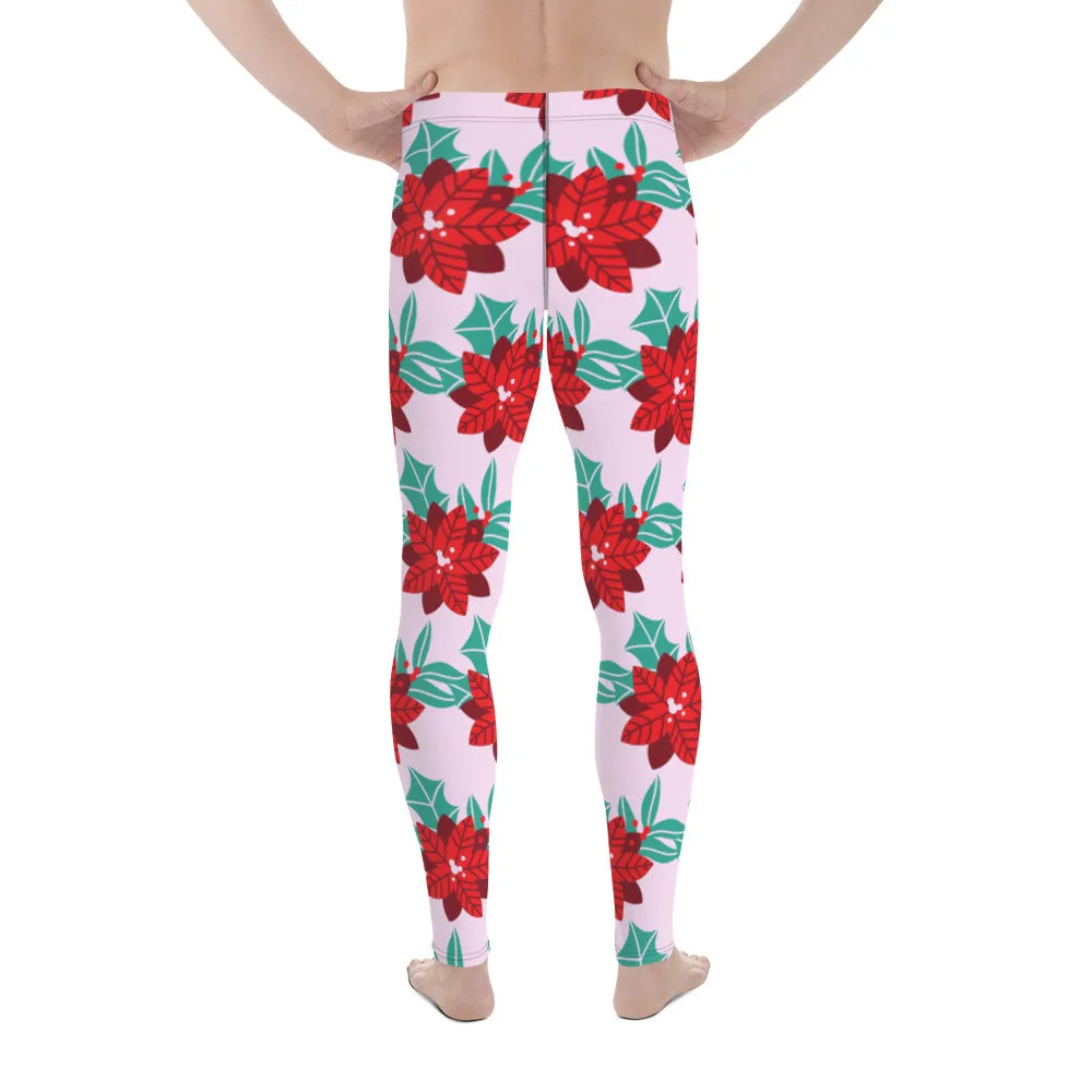 Pink Christmas Print Men's Leggings, Pink & Red Xmas Flower Designer Men's Leggings-Made in USA/MX/EU