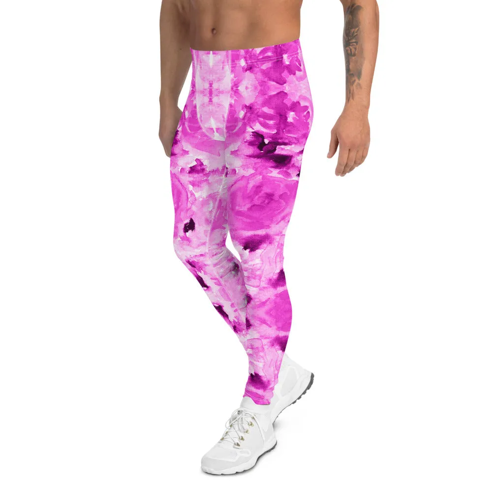 Pink Floral Men's Leggings, Abstract Print Comfy Meggings Run Tights-Made in USA/EU