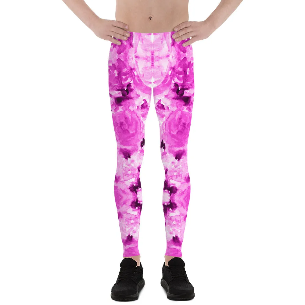 Pink Floral Men's Leggings, Abstract Print Comfy Meggings Run Tights-Made in USA/EU