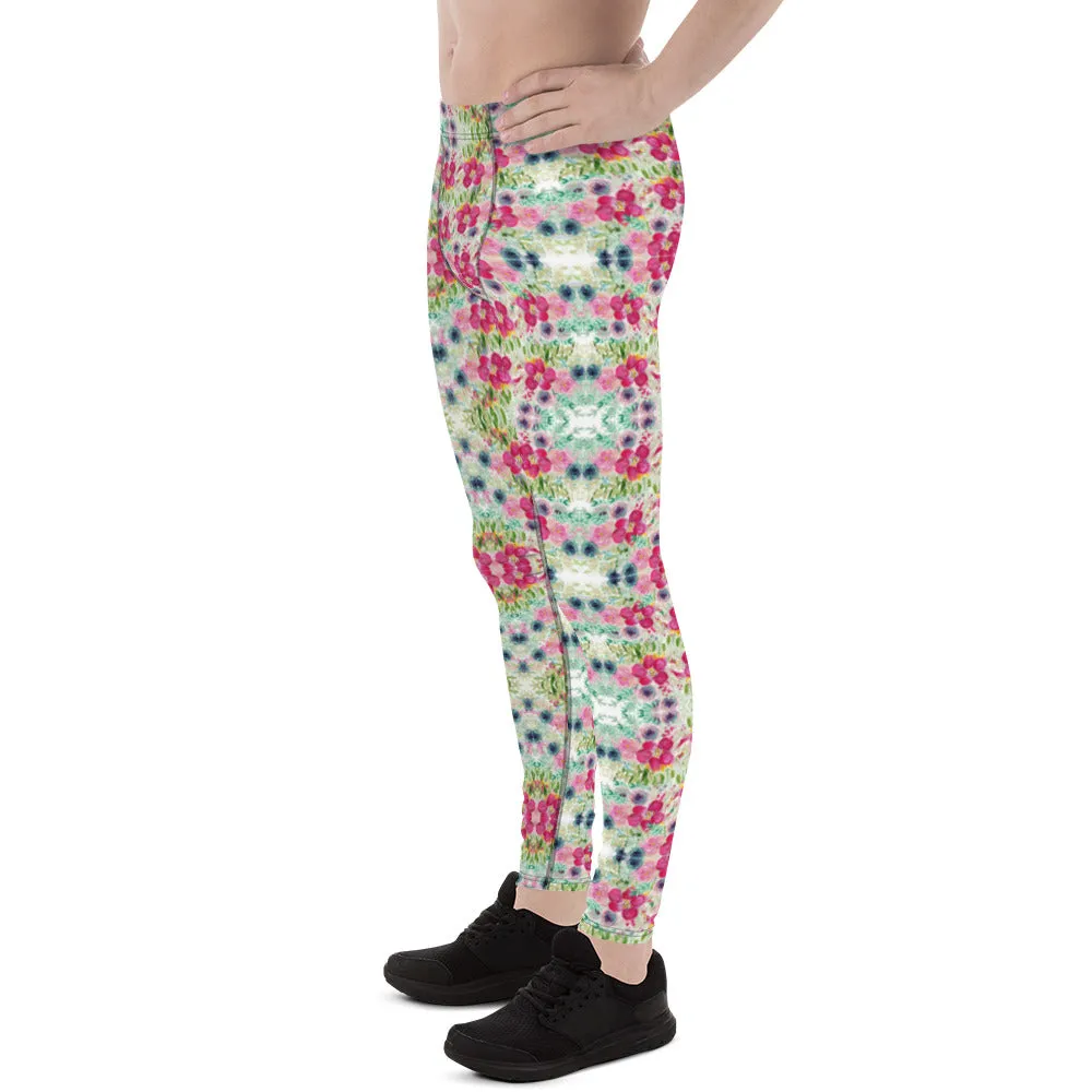 Pink Floral Print Men's Leggings, Mixed Flower Print Designer Meggings-Made in USA/EU/MX