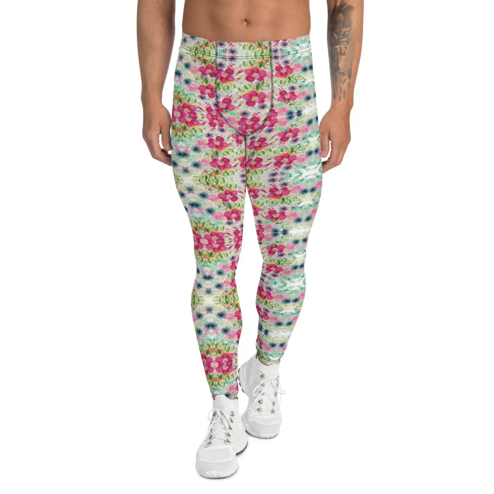 Pink Floral Print Men's Leggings, Mixed Flower Print Designer Meggings-Made in USA/EU/MX