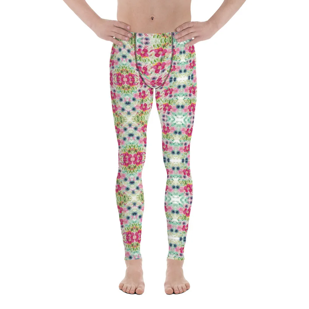 Pink Floral Print Men's Leggings, Mixed Flower Print Designer Meggings-Made in USA/EU/MX