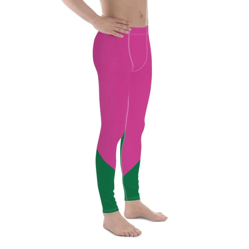 Pink Green Color Block Meggings, Best Hot Pink Green Shade Duo Colors Men's Leggings Meggings Tights- Made in USA/ EU