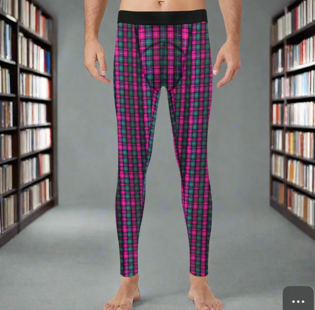 Pink Plaid Print Meggings, Best Designer Pink Plaid Men's Compression Tights For Men (Size: S-2XL)