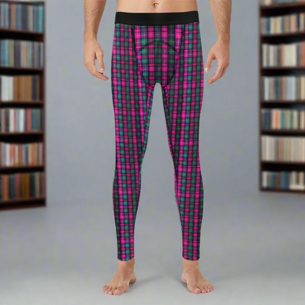 Pink Plaid Print Meggings, Best Designer Pink Plaid Men's Compression Tights For Men (Size: S-2XL)