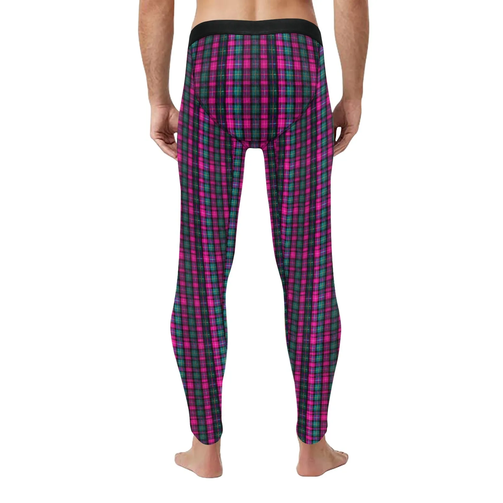 Pink Plaid Print Meggings, Best Designer Pink Plaid Men's Compression Tights For Men (Size: S-2XL)