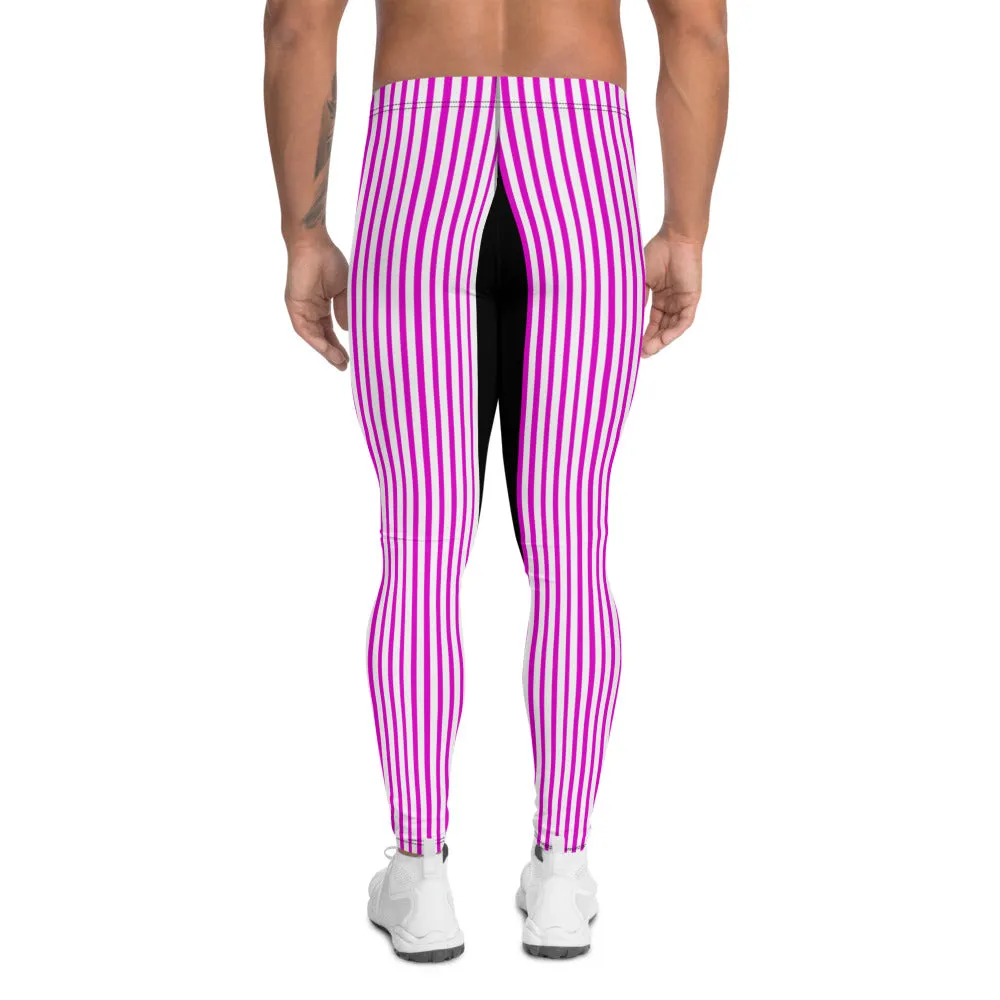 Pink Striped Men's Leggings, Black Vertical Stripe Print Men Tights Meggings-Made in USA/EU