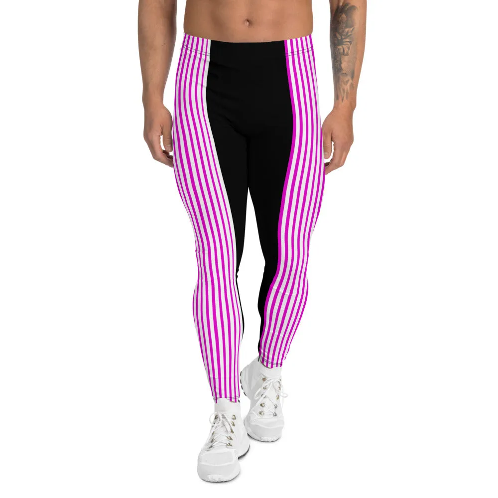 Pink Striped Men's Leggings, Black Vertical Stripe Print Men Tights Meggings-Made in USA/EU