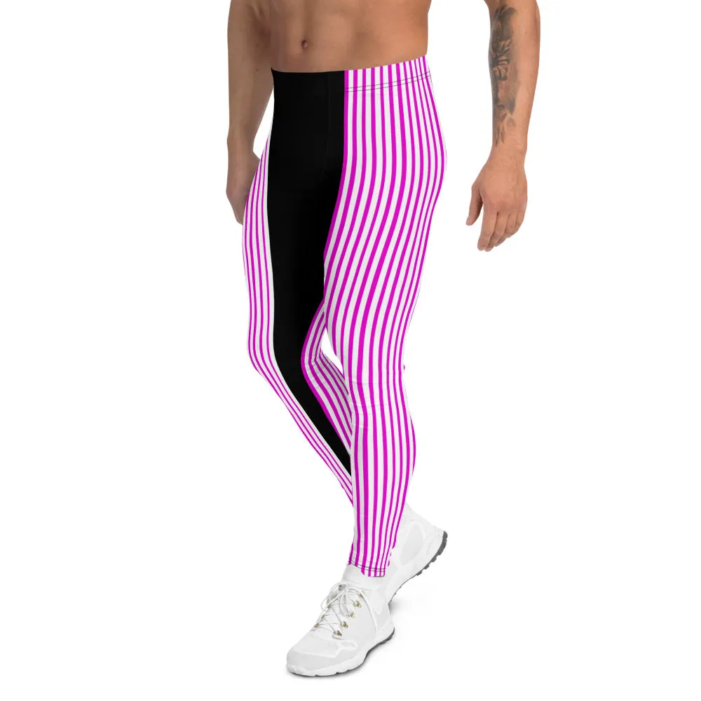 Pink Striped Men's Leggings, Black Vertical Stripe Print Men Tights Meggings-Made in USA/EU