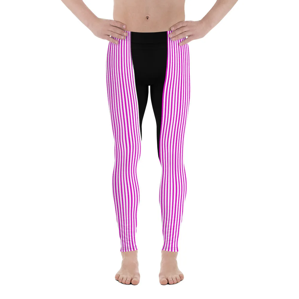 Pink Striped Men's Leggings, Black Vertical Stripe Print Men Tights Meggings-Made in USA/EU