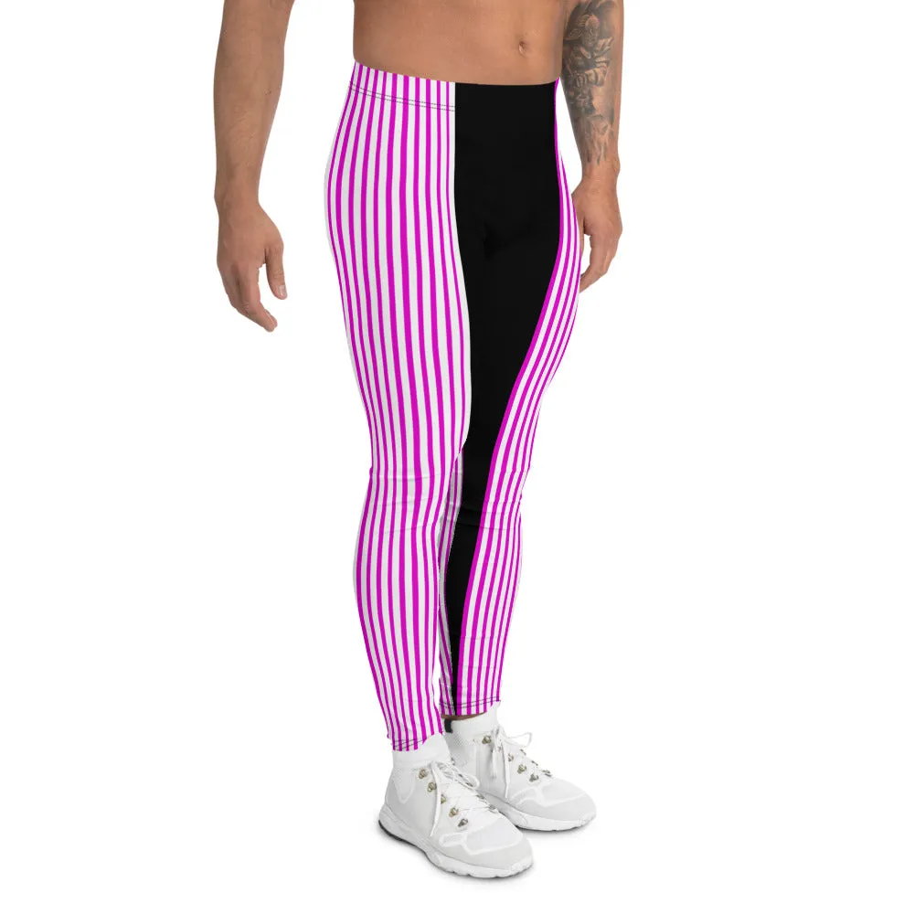 Pink Striped Men's Leggings, Black Vertical Stripe Print Men Tights Meggings-Made in USA/EU