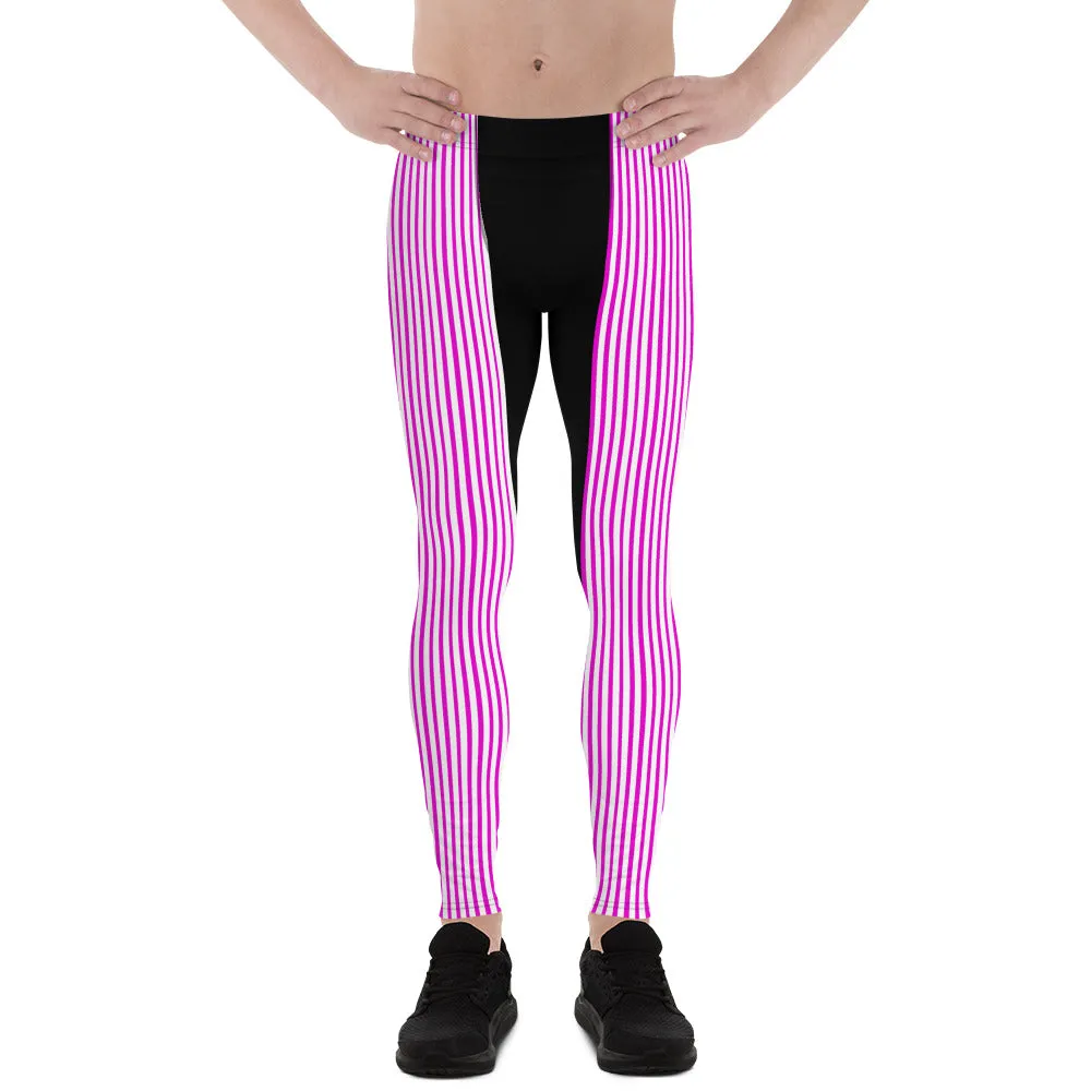 Pink Striped Men's Leggings, Black Vertical Stripe Print Men Tights Meggings-Made in USA/EU