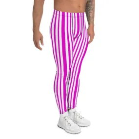 Pink White Striped Men's Leggings, Fun Colorful Circus Men Run Tights-Made in USA/EU/MX