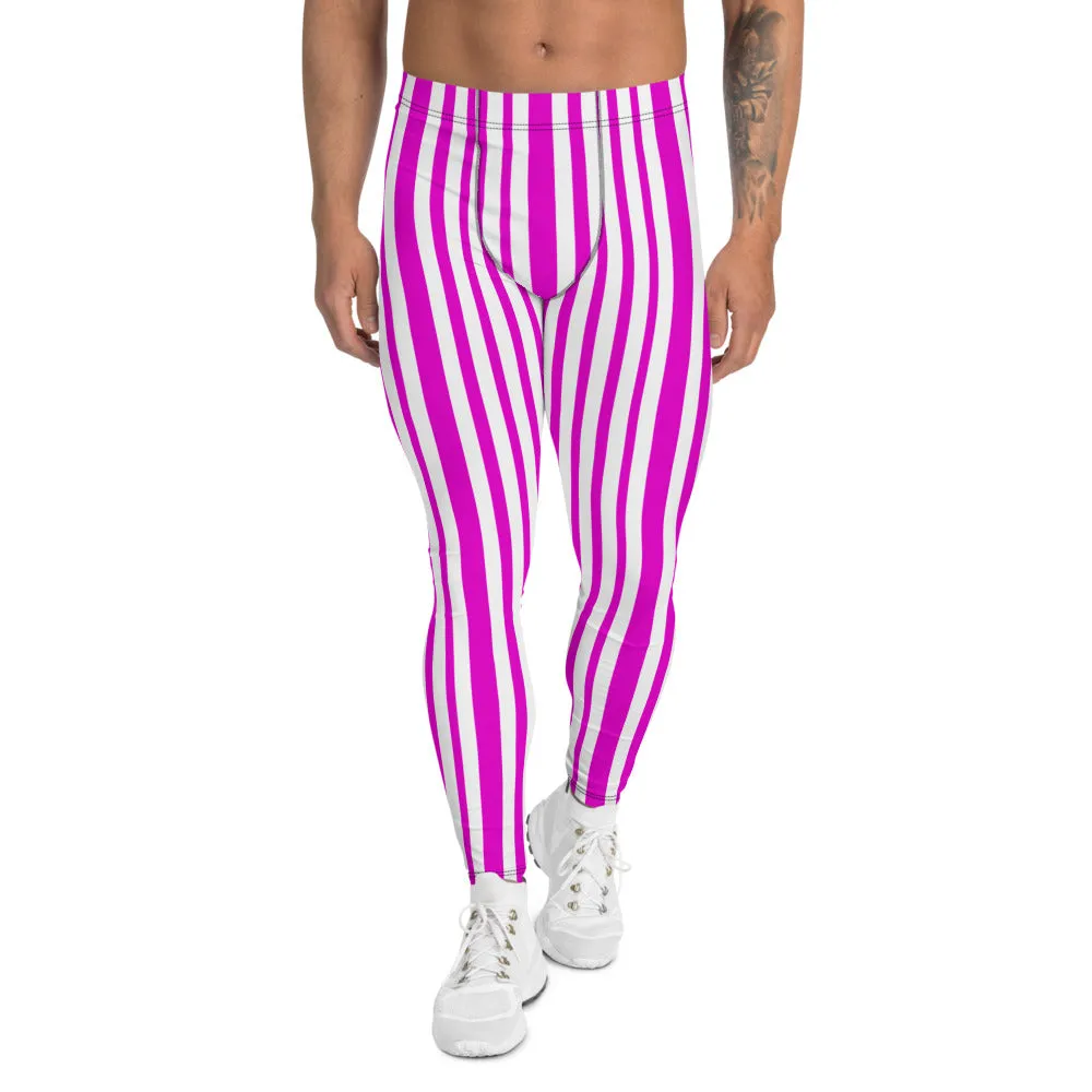 Pink White Striped Men's Leggings, Fun Colorful Circus Men Run Tights-Made in USA/EU/MX