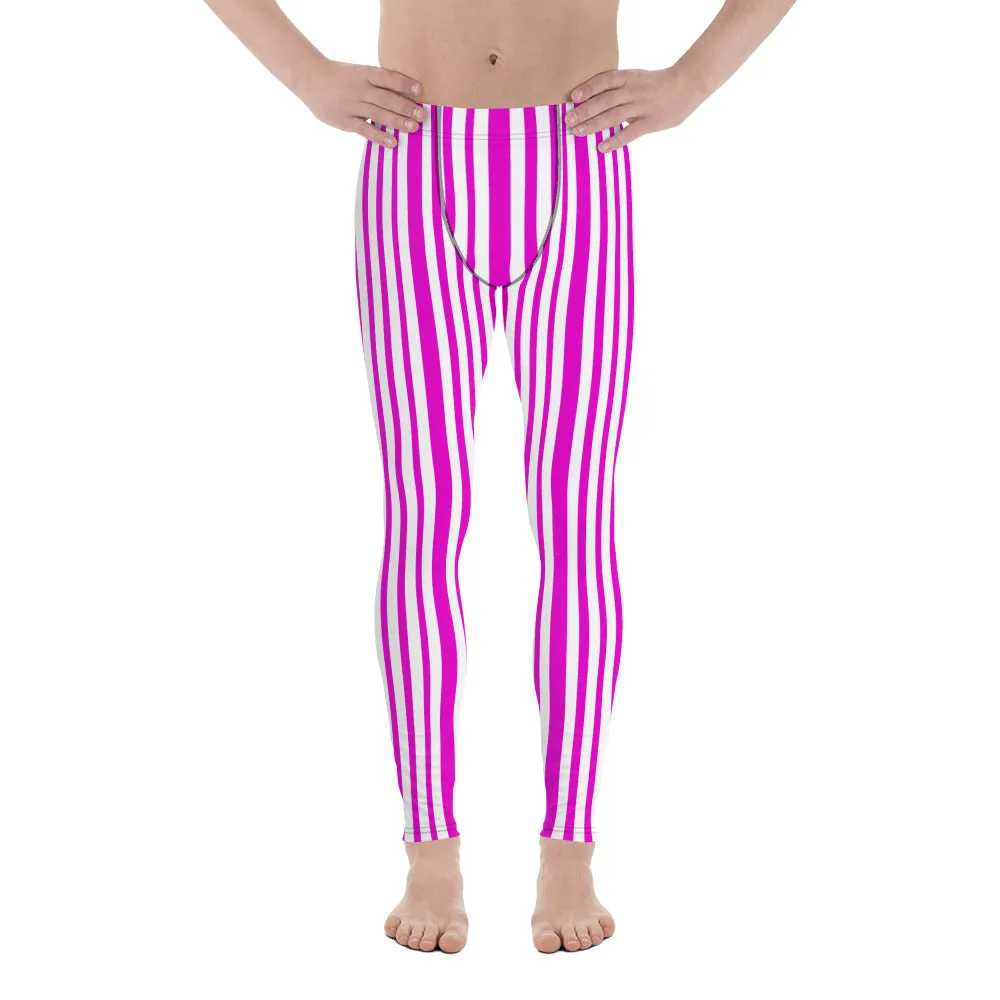 Pink White Striped Men's Leggings, Fun Colorful Circus Men Run Tights-Made in USA/EU/MX