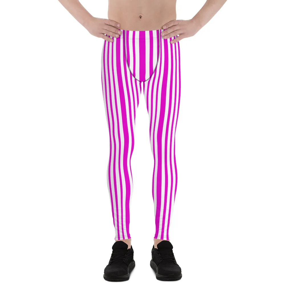 Pink White Striped Men's Leggings, Fun Colorful Circus Men Run Tights-Made in USA/EU/MX