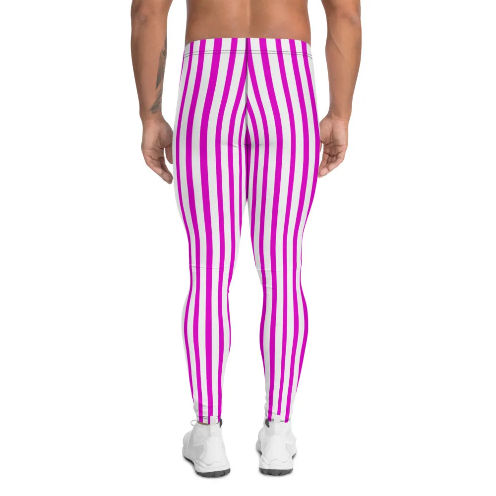 Pink White Striped Men's Leggings, Fun Colorful Circus Men Run Tights-Made in USA/EU/MX