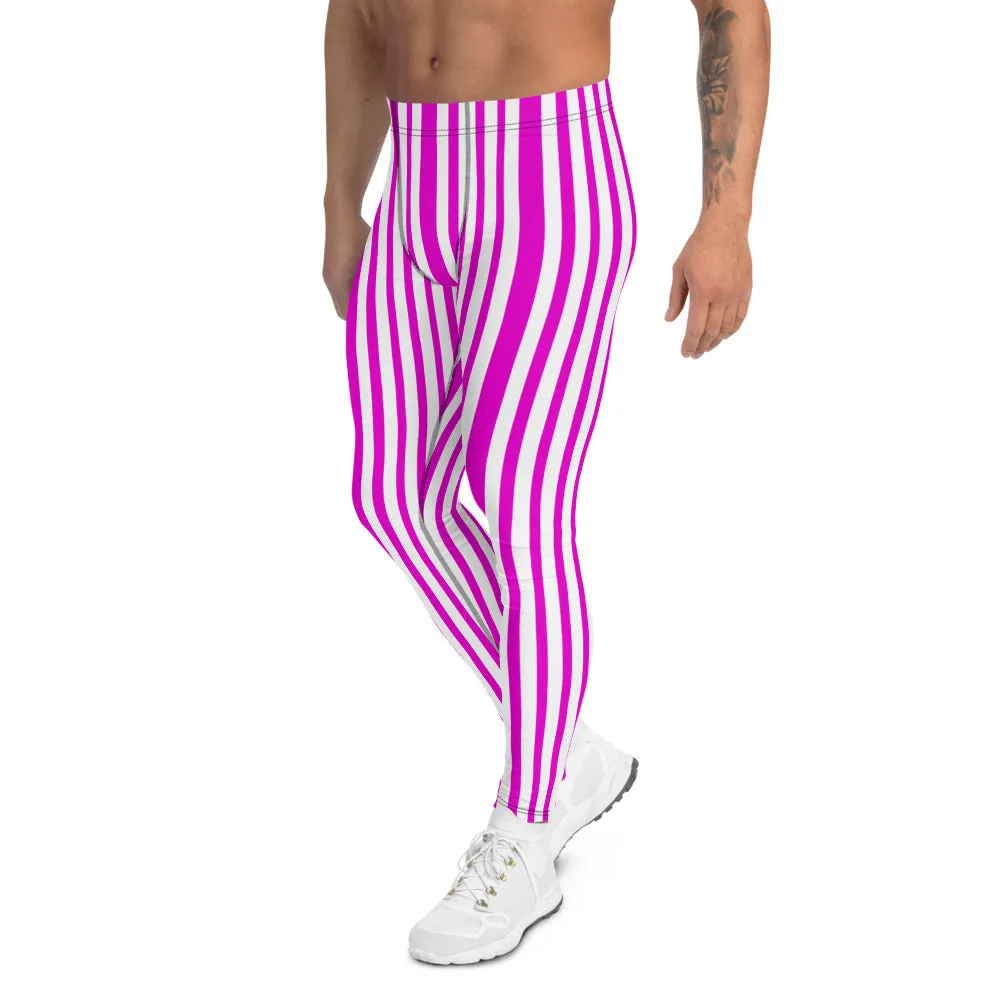 Pink White Striped Men's Leggings, Fun Colorful Circus Men Run Tights-Made in USA/EU/MX