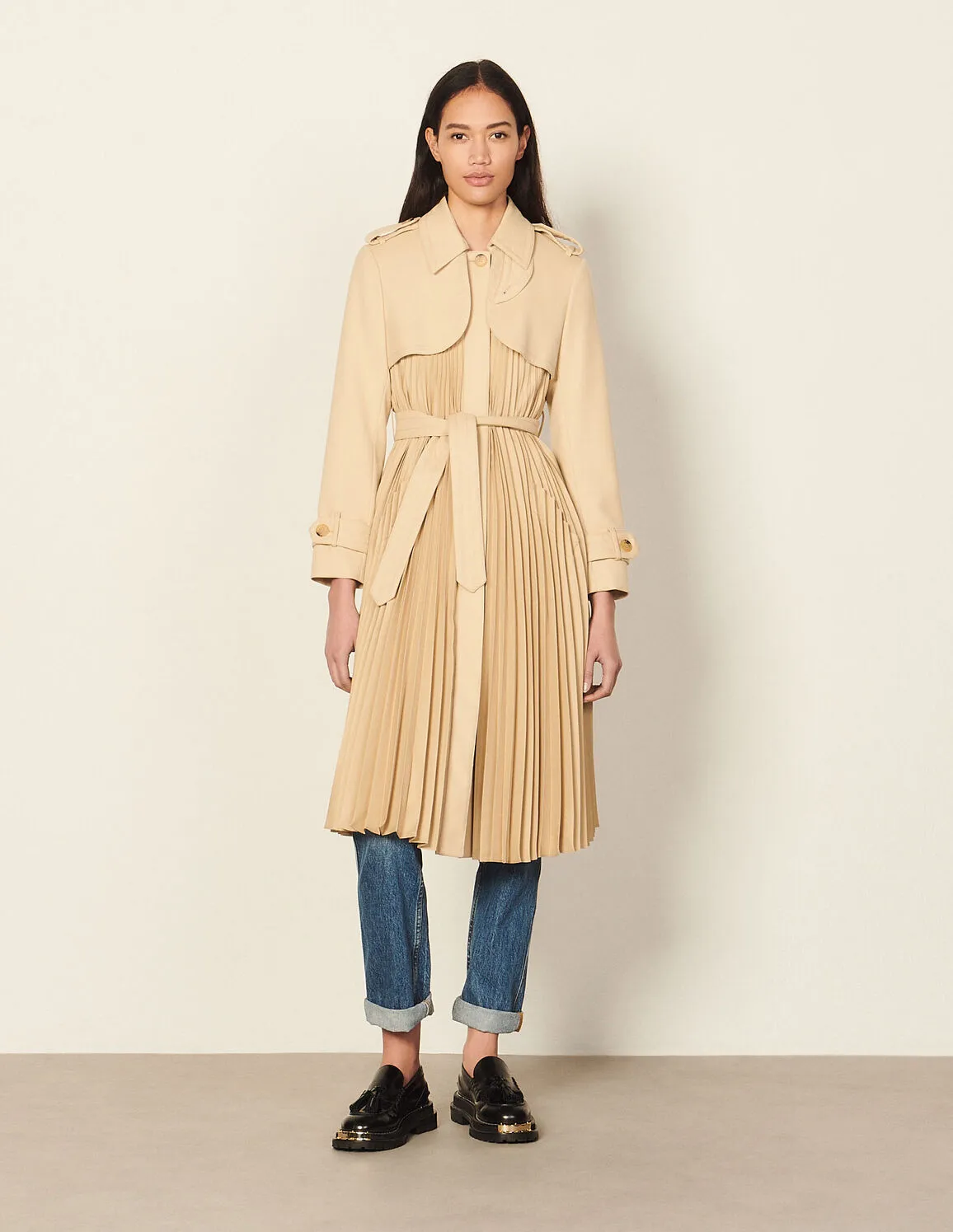 Pleated Trench Coat With Belt