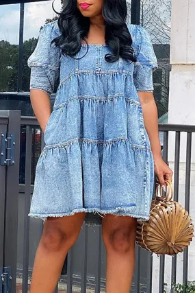 Plus Size Blue Daily Denim Puff Sleeve Babydoll Dress Mini Dress