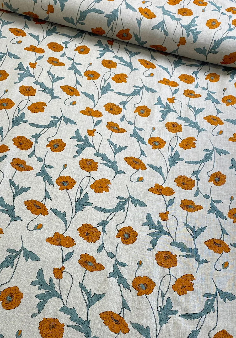 Poppies, 100% Linen Print from Japan, Hokkoh Lawn, 43" Wide By the Yard #7021