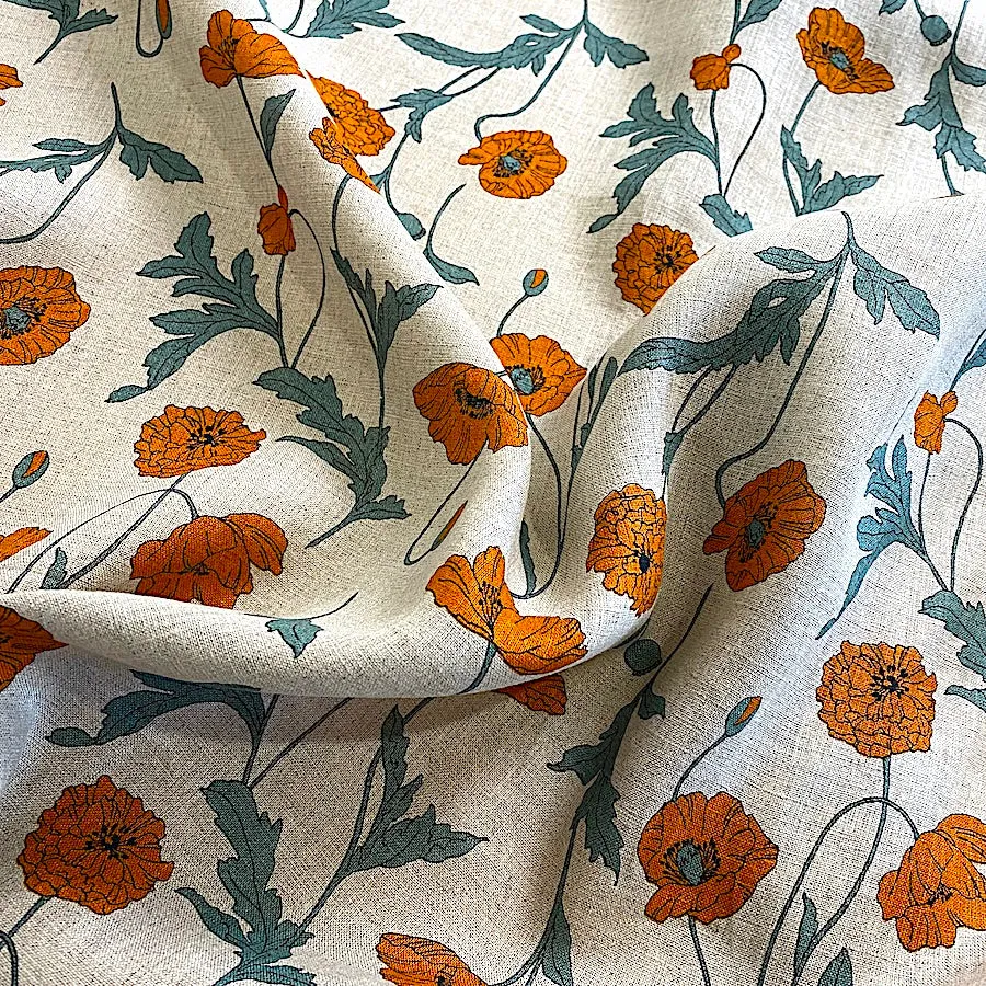 Poppies, 100% Linen Print from Japan, Hokkoh Lawn, 43" Wide By the Yard #7021