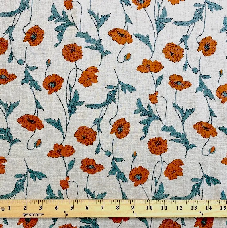 Poppies, 100% Linen Print from Japan, Hokkoh Lawn, 43" Wide By the Yard #7021