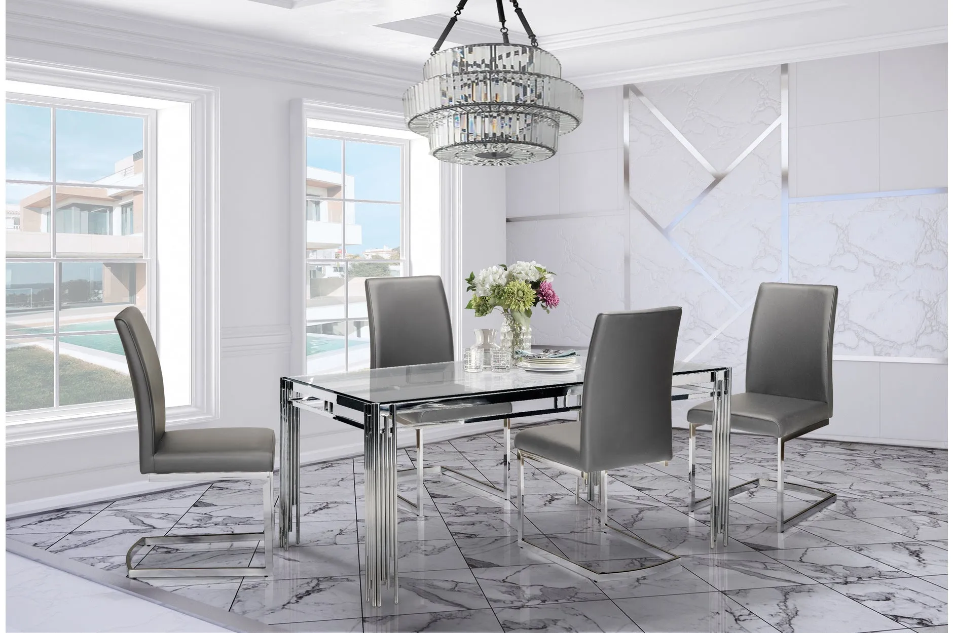 Porfirio Dining Set with Shirelle Chair in Grey Leather