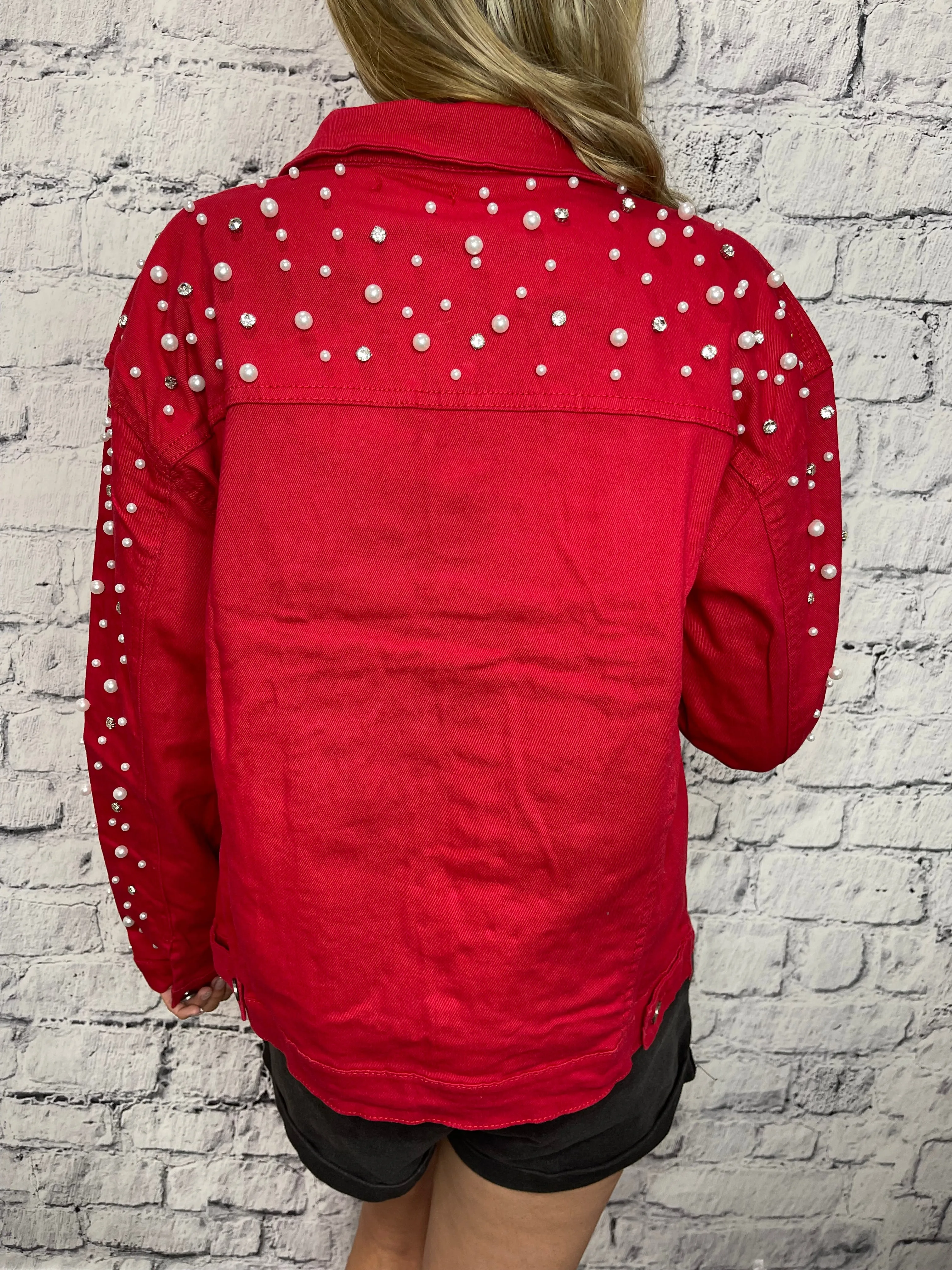 Pretty As A Pearl Rhinestone Pearl Denim Jacket - Red