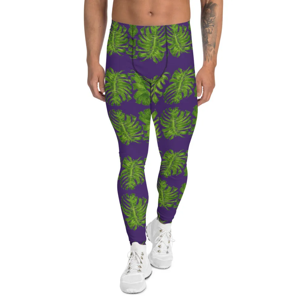 Purple Tropical Leaf Men's Leggings, Hawaiian Style Designer Meggings -Made in USA/EU/MX