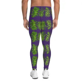 Purple Tropical Leaf Men's Leggings, Hawaiian Style Designer Meggings -Made in USA/EU/MX