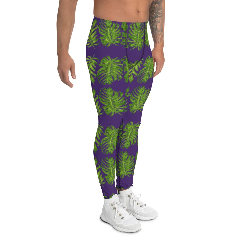 Purple Tropical Leaf Men's Leggings, Hawaiian Style Designer Meggings -Made in USA/EU/MX