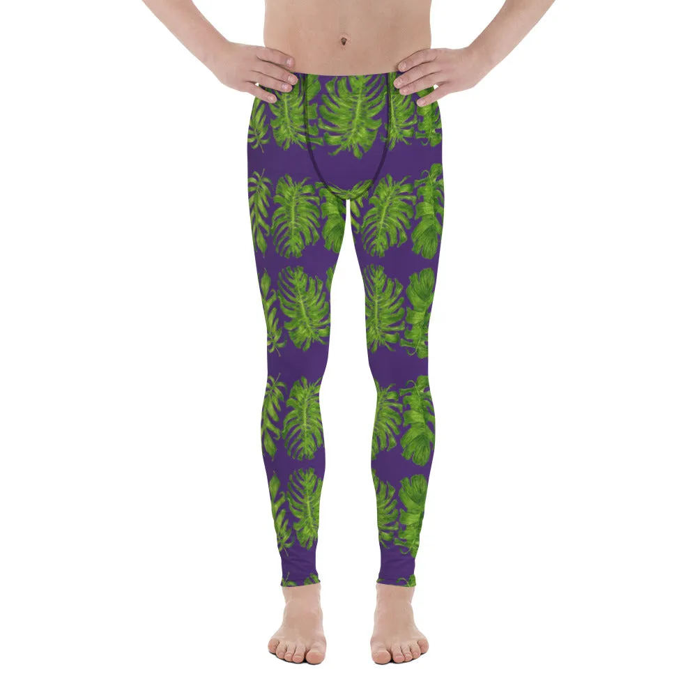 Purple Tropical Leaf Men's Leggings, Hawaiian Style Designer Meggings -Made in USA/EU/MX