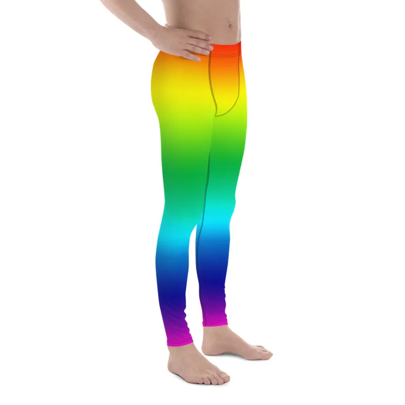 Rainbow Color Men's Running Tights, Bright Ombre Gay Pride Colorful Men's Leggings-Made in USA/ EU