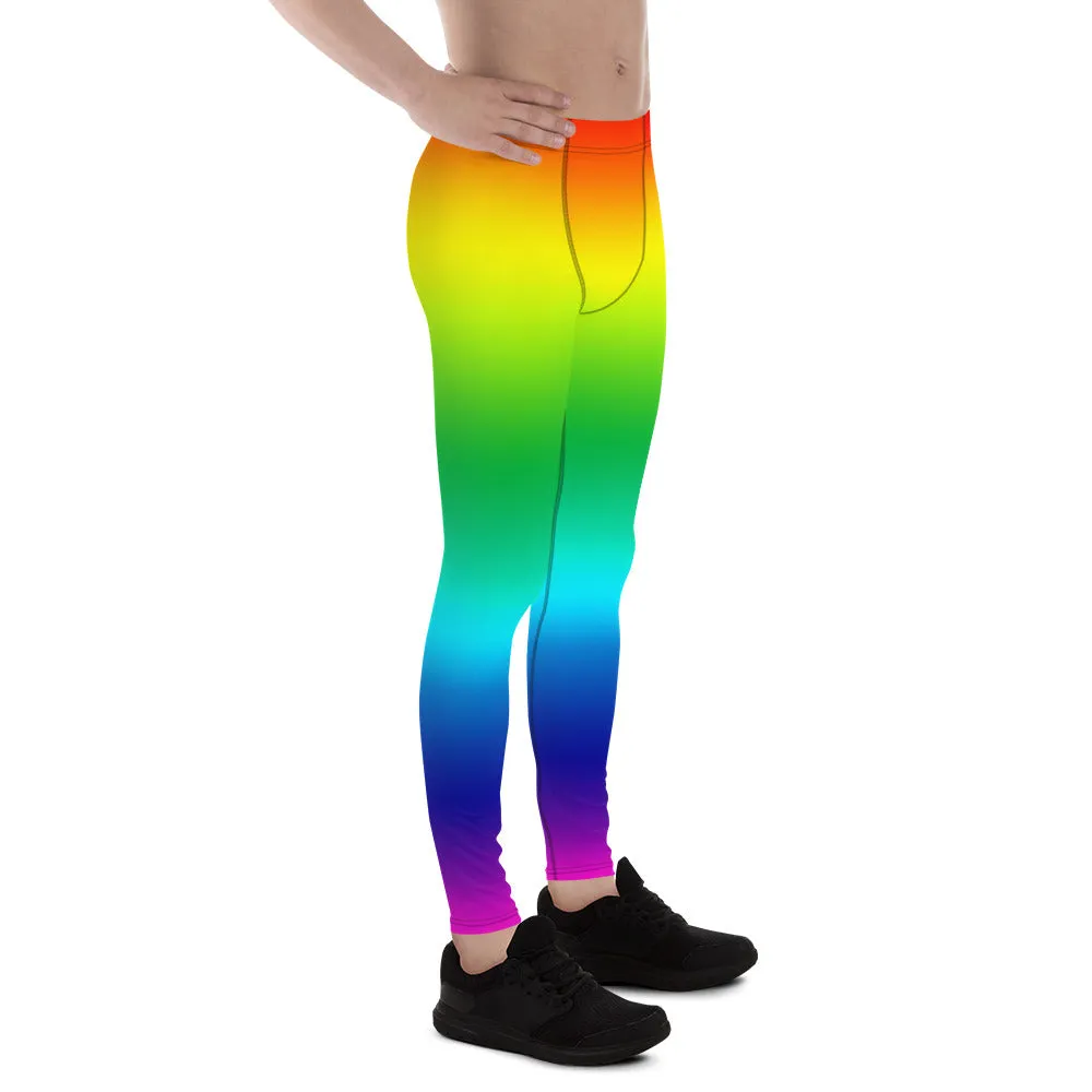 Rainbow Color Men's Running Tights, Bright Ombre Gay Pride Colorful Men's Leggings-Made in USA/ EU