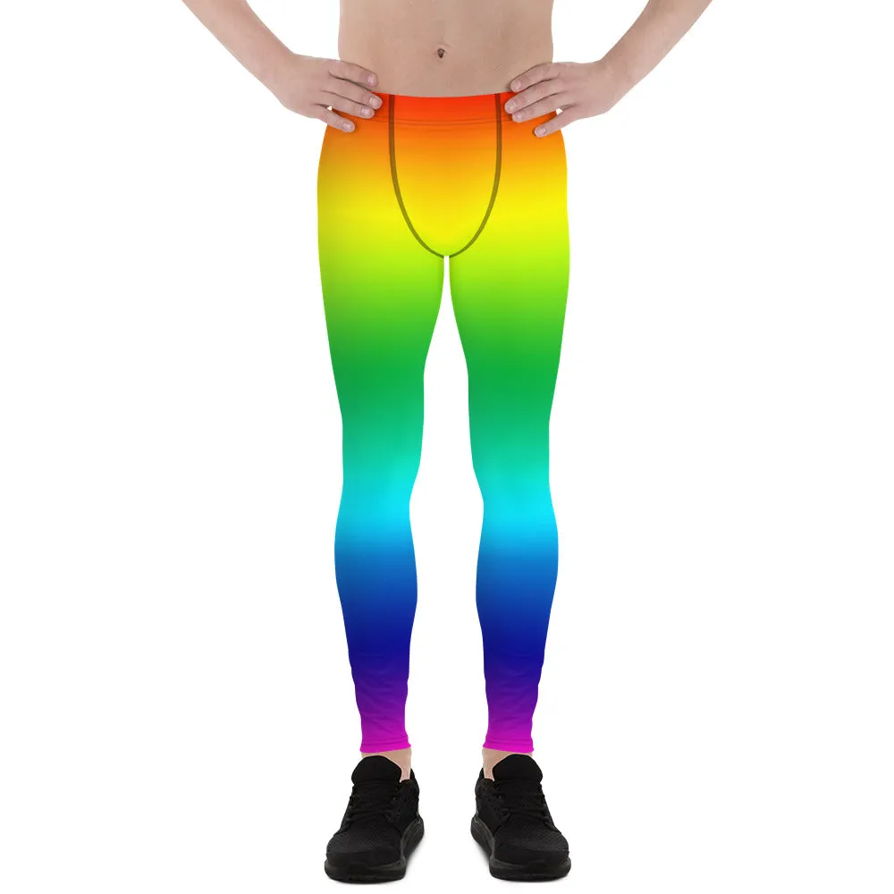 Rainbow Color Men's Running Tights, Bright Ombre Gay Pride Colorful Men's Leggings-Made in USA/ EU