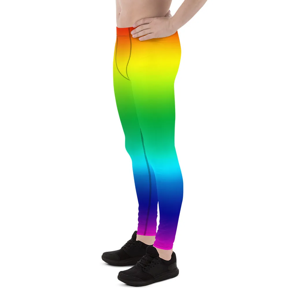 Rainbow Color Men's Running Tights, Bright Ombre Gay Pride Colorful Men's Leggings-Made in USA/ EU