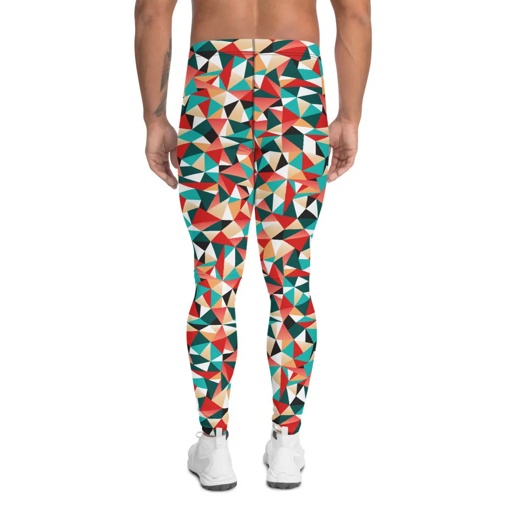 Red Geometric Mixed Men's Leggings, Best Sports Tights Meggings For Men-Made in USA/EU/MX