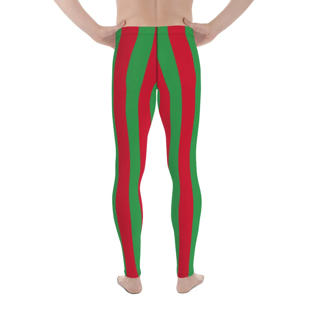 Red Green Stripes Men's Leggings, Vertically Striped Classic Designer Meggings - Made in USA/EU/MX