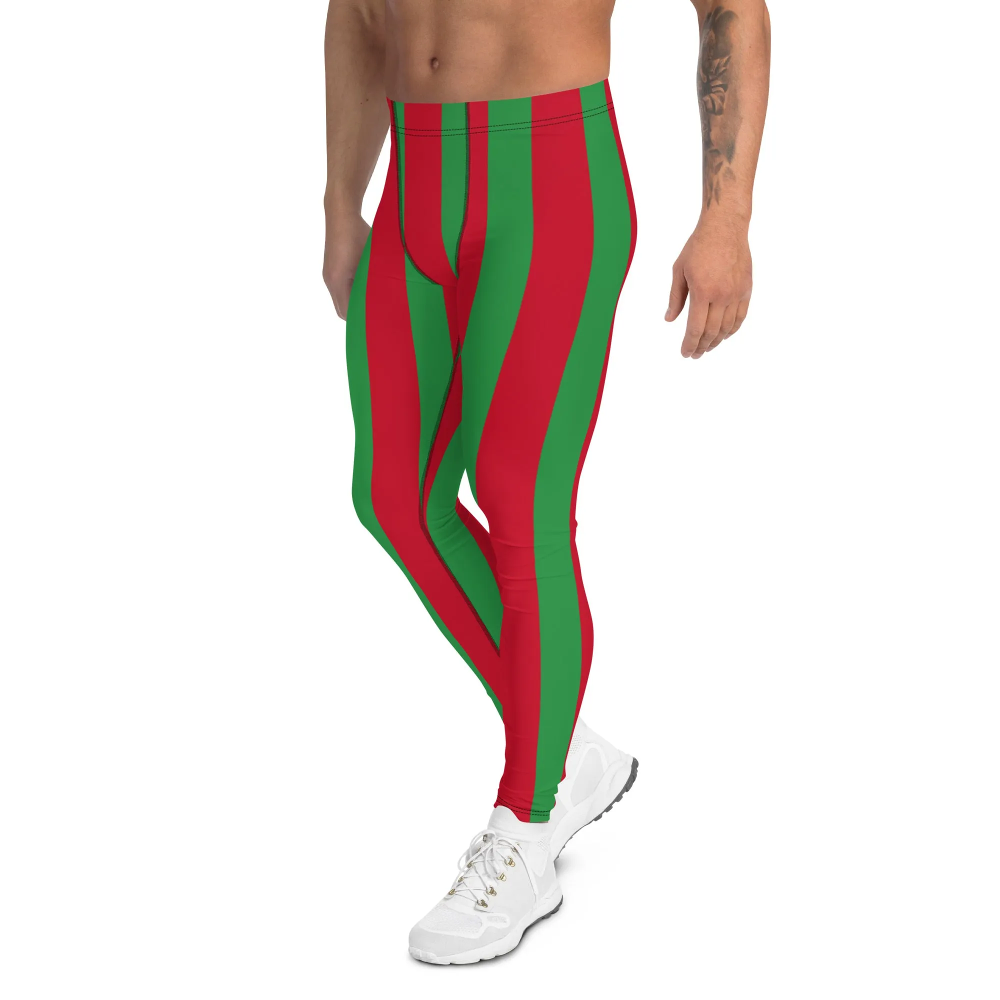 Red Green Stripes Men's Leggings, Vertically Striped Classic Designer Meggings - Made in USA/EU/MX