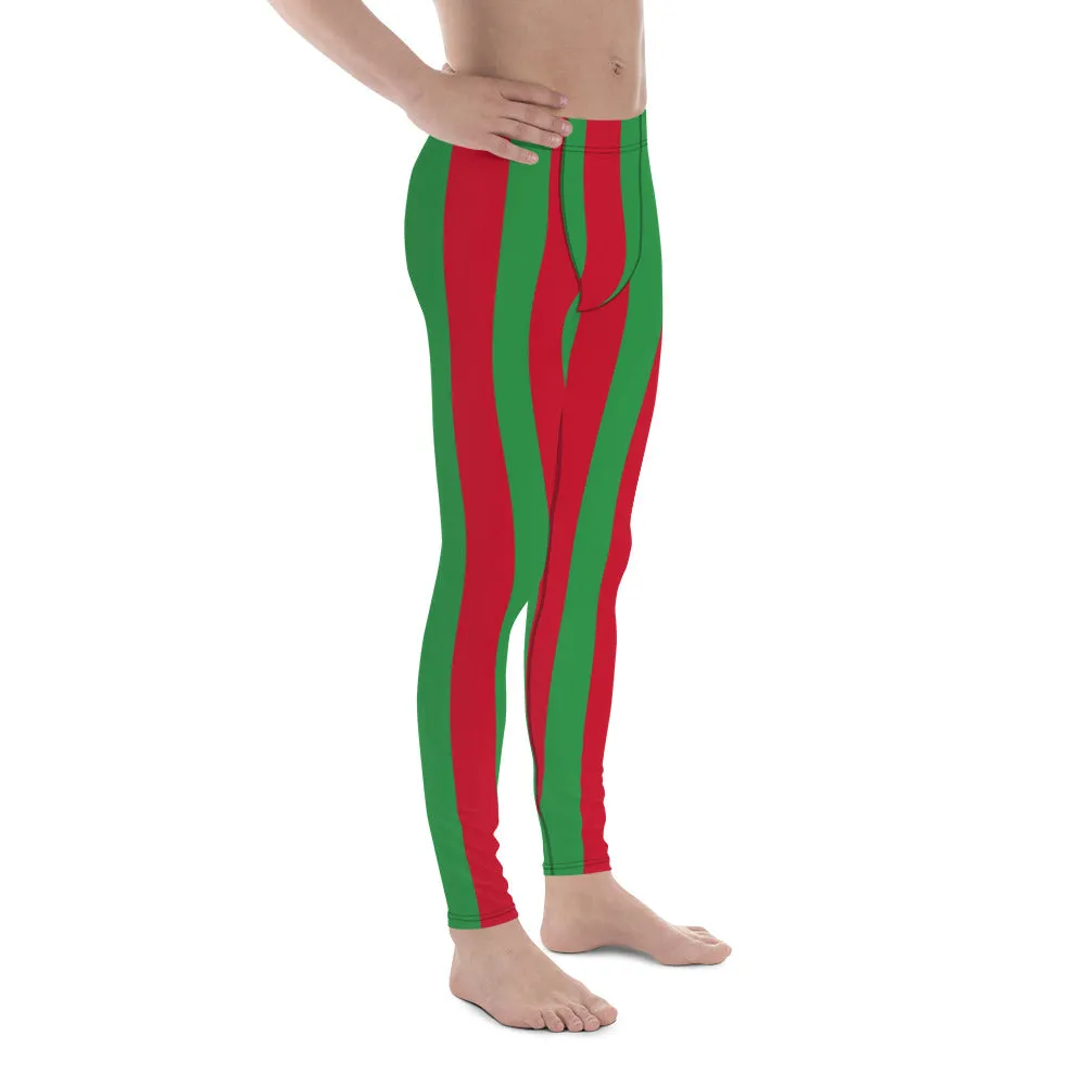 Red Green Stripes Men's Leggings, Vertically Striped Classic Designer Meggings - Made in USA/EU/MX