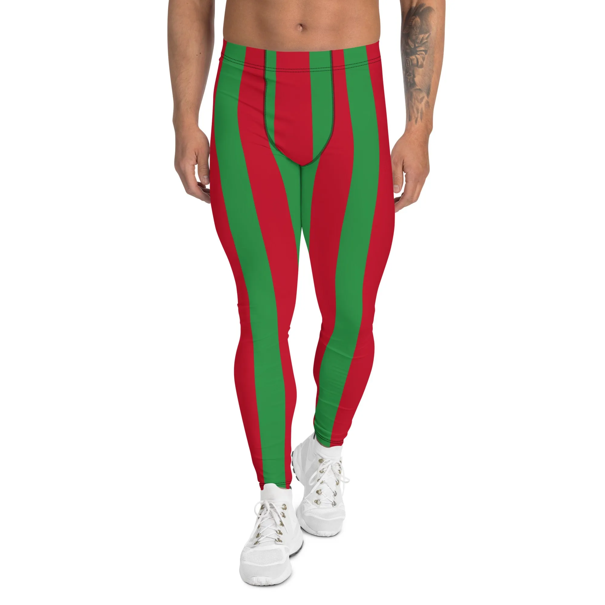 Red Green Stripes Men's Leggings, Vertically Striped Classic Designer Meggings - Made in USA/EU/MX