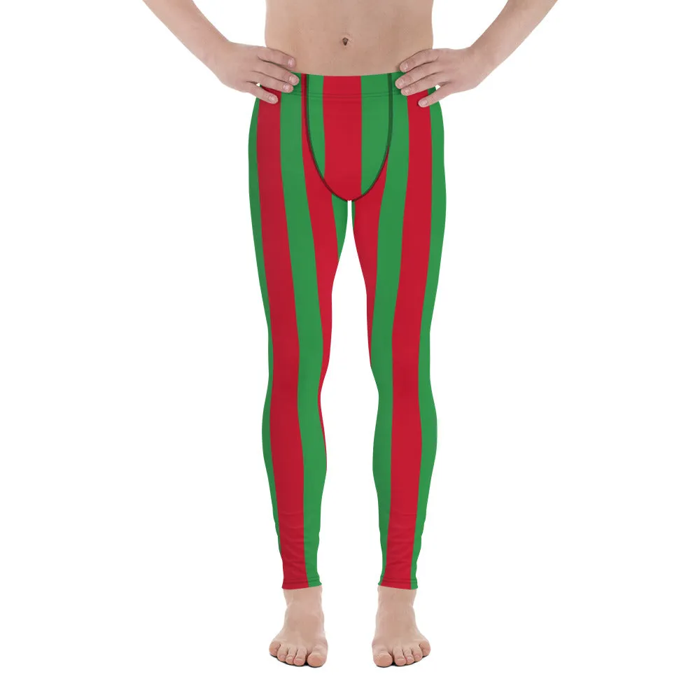 Red Green Stripes Men's Leggings, Vertically Striped Classic Designer Meggings - Made in USA/EU/MX