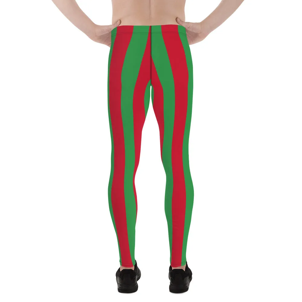 Red Green Stripes Men's Leggings, Vertically Striped Classic Designer Meggings - Made in USA/EU/MX