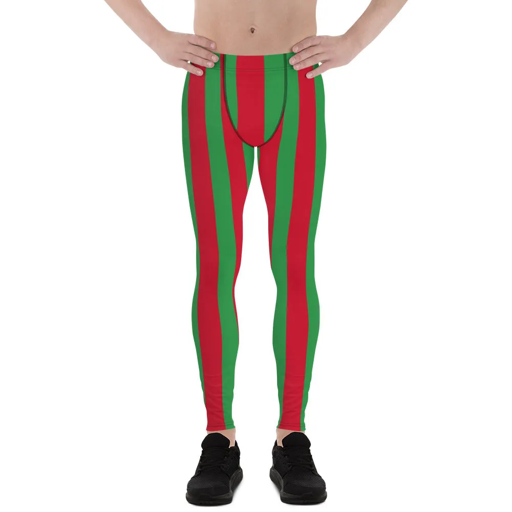 Red Green Stripes Men's Leggings, Vertically Striped Classic Designer Meggings - Made in USA/EU/MX